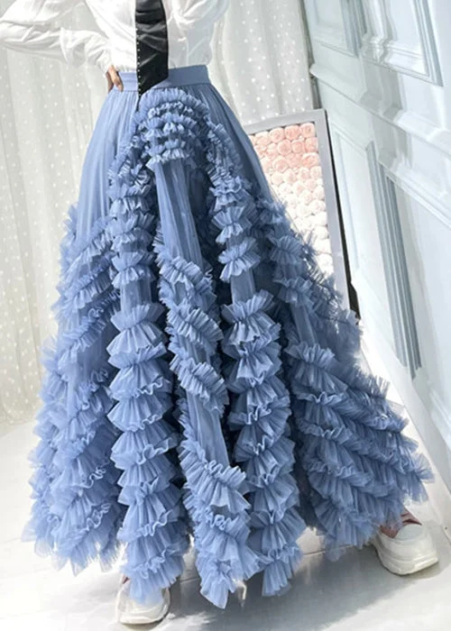 Temperament Blue Ruffled High Waist Tulle Skirts Spring