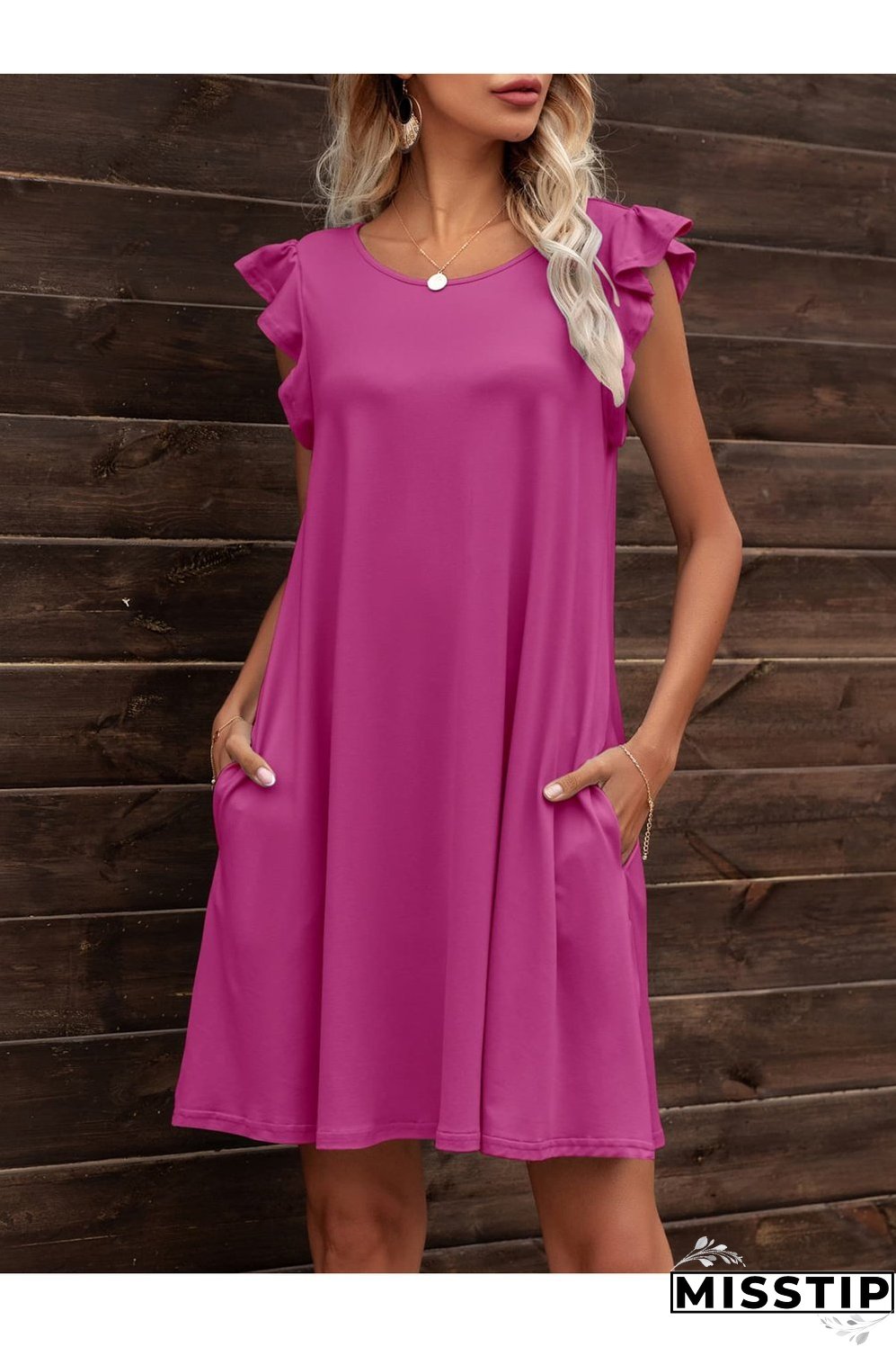 Round Neck Flutter Sleeve Dress with Pockets