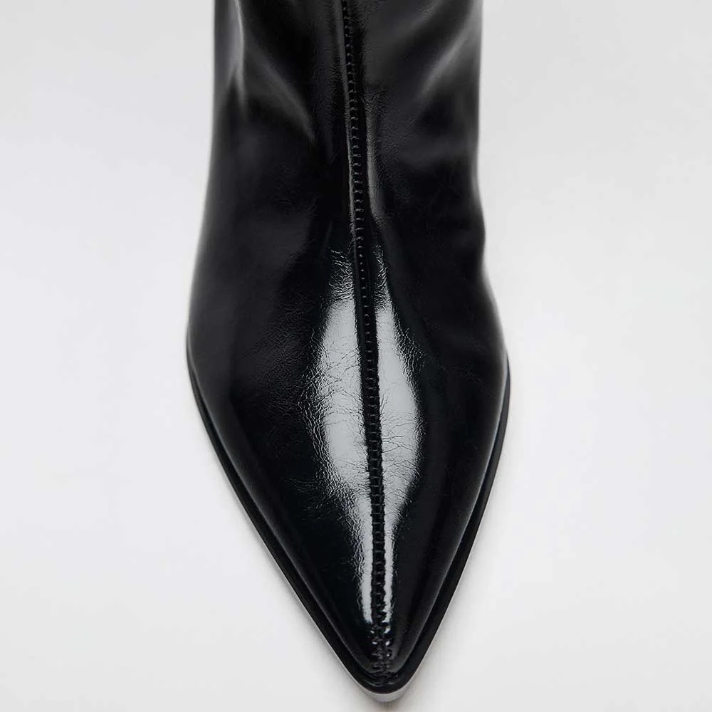 Black Kitten Heel Pointed Toe Pull-On Wide Leg Knee High Boots