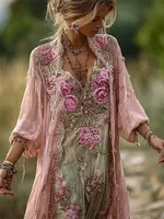 Vintage Boho Roses Floral Lace Flowy Linen Cardigan