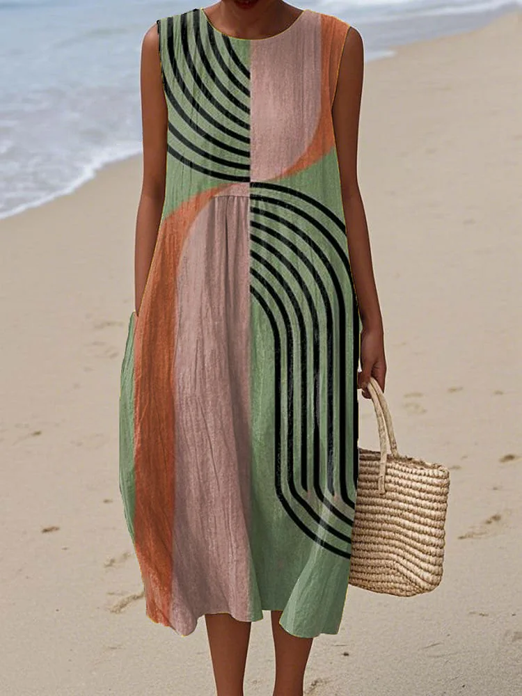 Women's Vintage Abstract Geometric Art Print Sleeveless Cotton Pocket Wrap Dress
