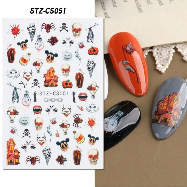 Nail Stickers Back Glue Halloween Pumpkin Zombie Skull Golden Maple Leaf Designs Nail Decal Decoration Tips For Beauty Salons-Nail Inspo