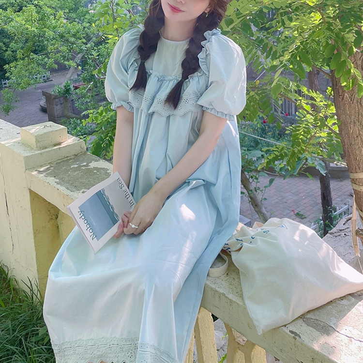 Fairy Tales Aesthetic Fairycore Sweet Puffy Sleeve Lace Blue Dress QueenFunky