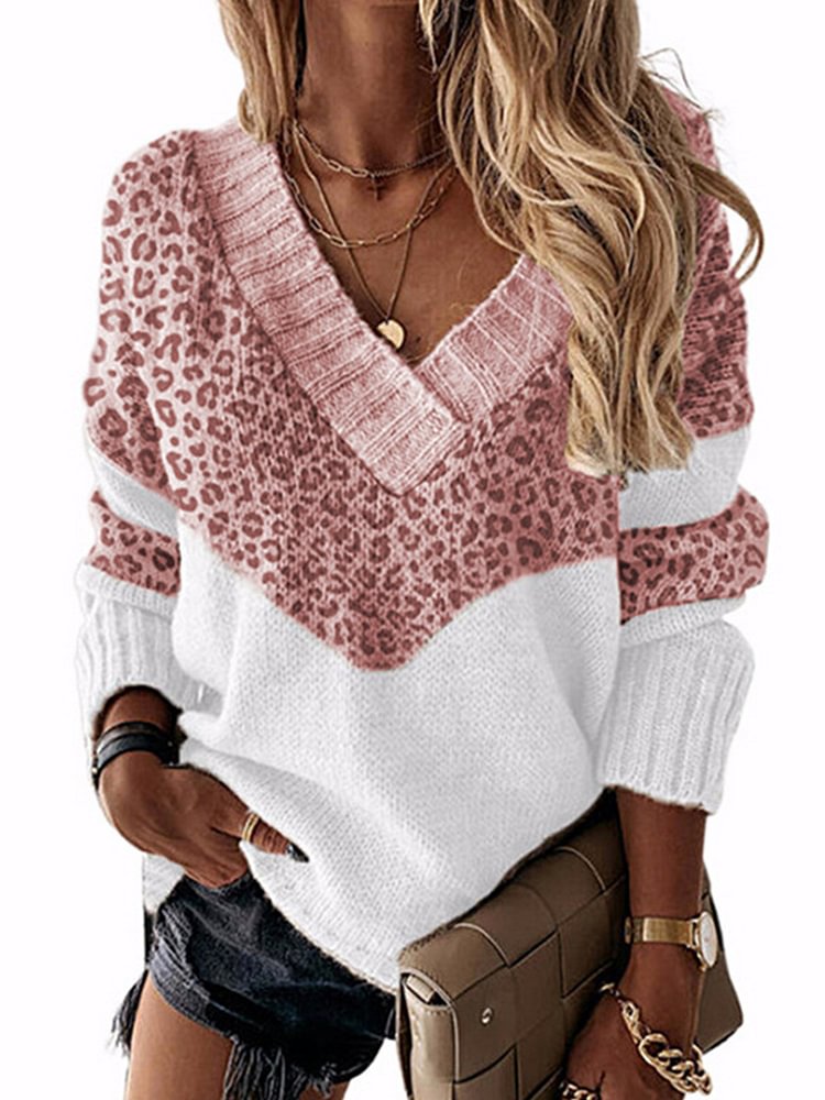Autumn/winter V-neck Color-blocking Leopard-print Knit Pullo