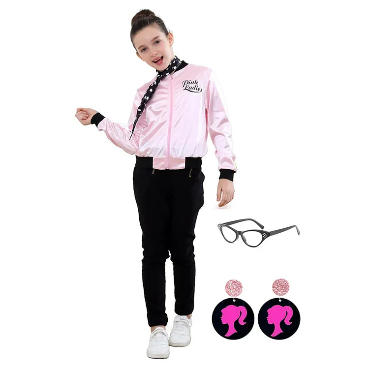 Kids Children Grease: Rydell High 2023 Jane Pink Coat Outfits Props Cosplay Costume Halloween Carnival Suit