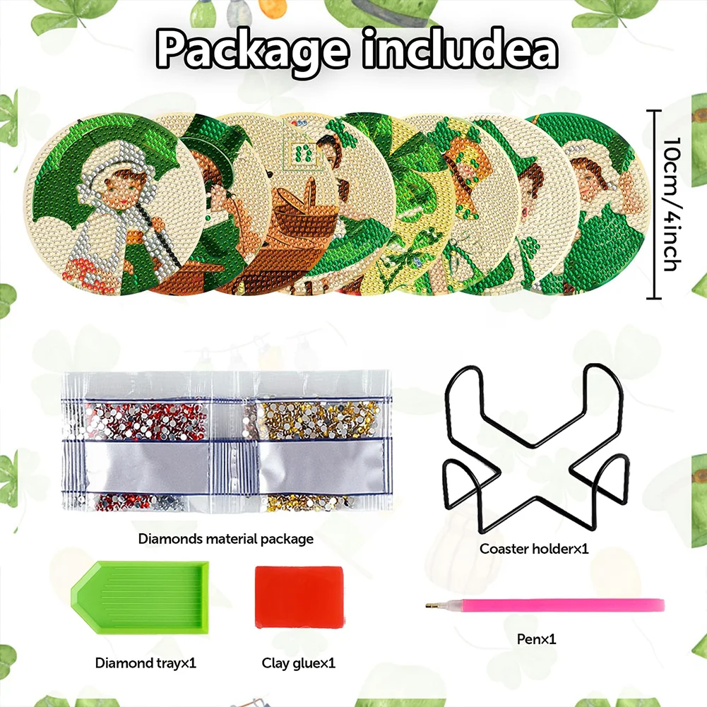 8pcs DIY Saint Patricks Day Wooden Diamond Painting Art Coaster Kit with Holder for Adults Kids