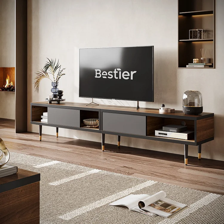 Bestier Mid-Century TV Stand for TVs up to 90" Reversible Entertainment Center for Corner, Walnut