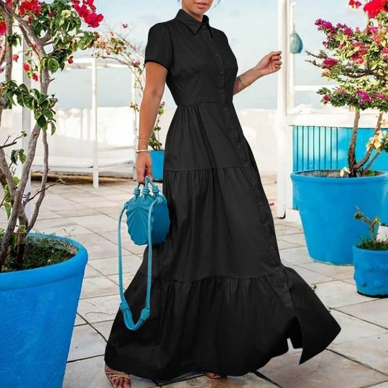 Women Holiday Dress 2022 Summer VONDA Casual Short Sleeve Solid Color Long Maxi Dresses Lapel Collar Button Up Shirts Vestidos