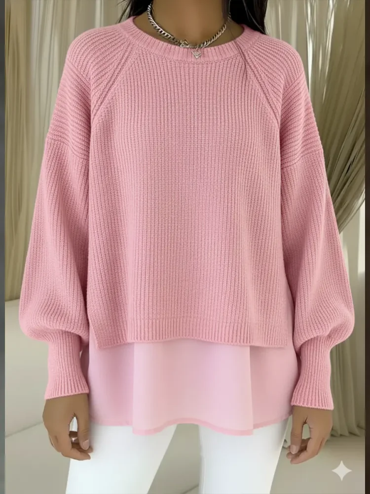 Women's Comfortable Patchwork Faux Two-piece Lantern Sleeve Sweater