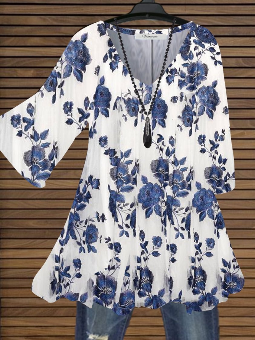 Women Blue Color Half Sleeve V-neck Floral Printed Top Dress