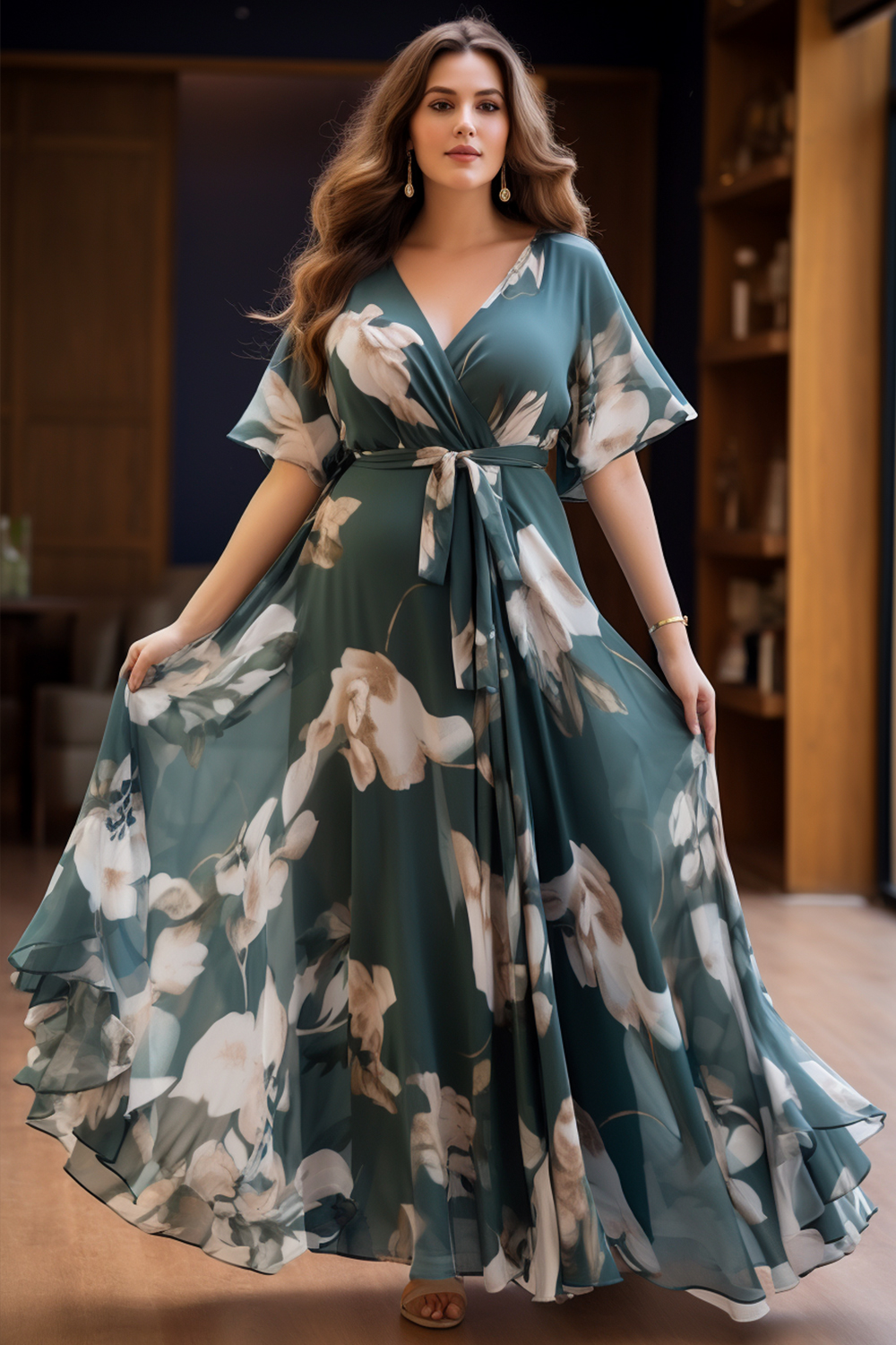 Flycurvy Plus Size Wedding Guest Cyan Chiffon Floral Print Wrap Flutter Sleeve Lace-Up Maxi Dress