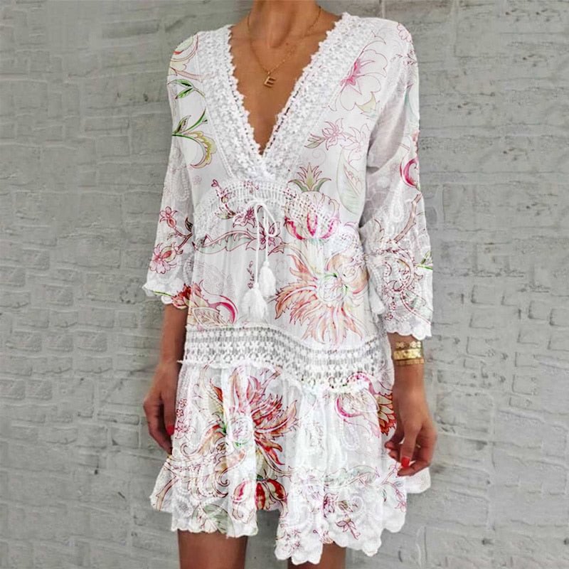 Women Elegant Floral Print Embroidery Mini Dress 2021 Spring Summer Sexy Deep V-Neck Party Dresses Fashion Hollow Out Dress 4XL