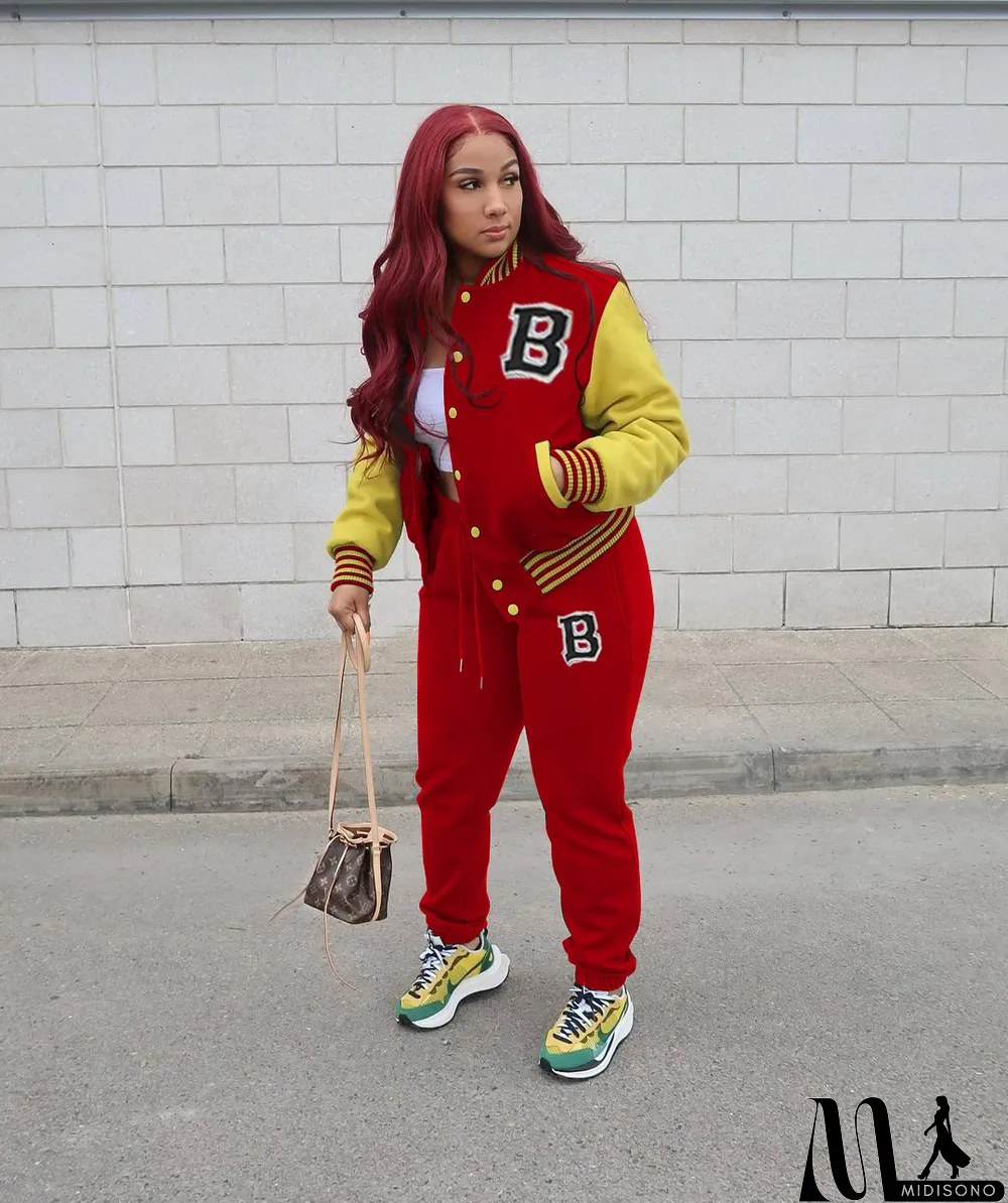 MidiSono - Women Letter Baseball Jacket and Pant Two-Piece Set