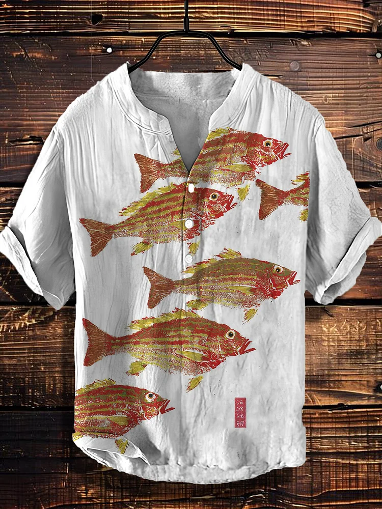 Men's Retro Japanese Fish Print Half Button Shirt