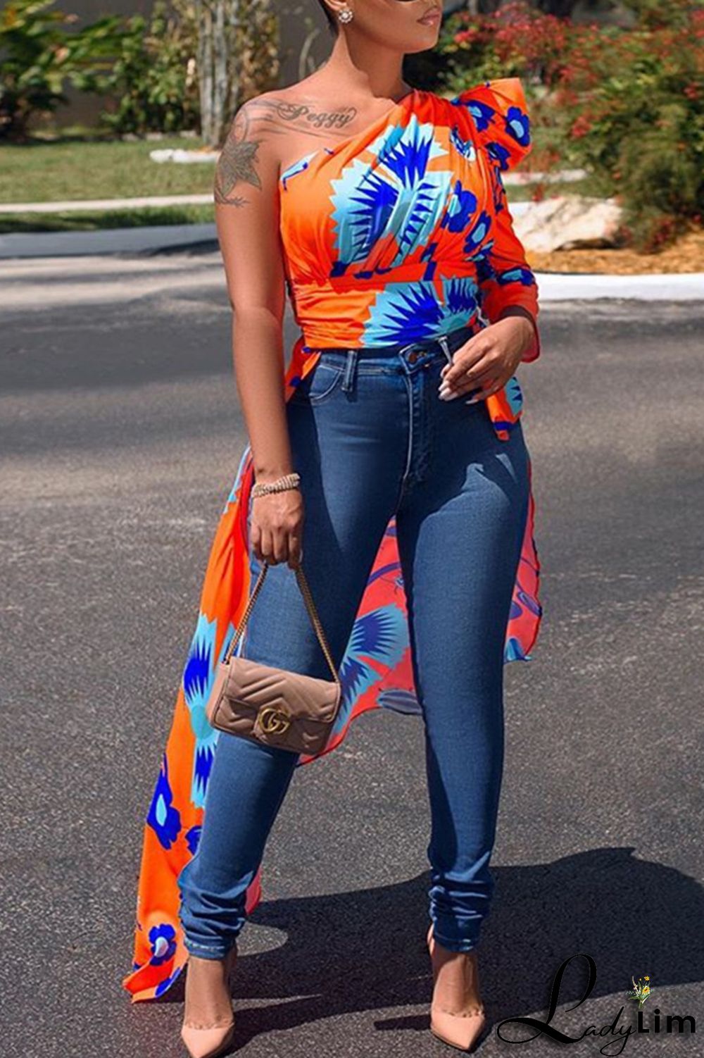 White Fashion Casual Print Backless Asymmetrical Oblique Collar Tops