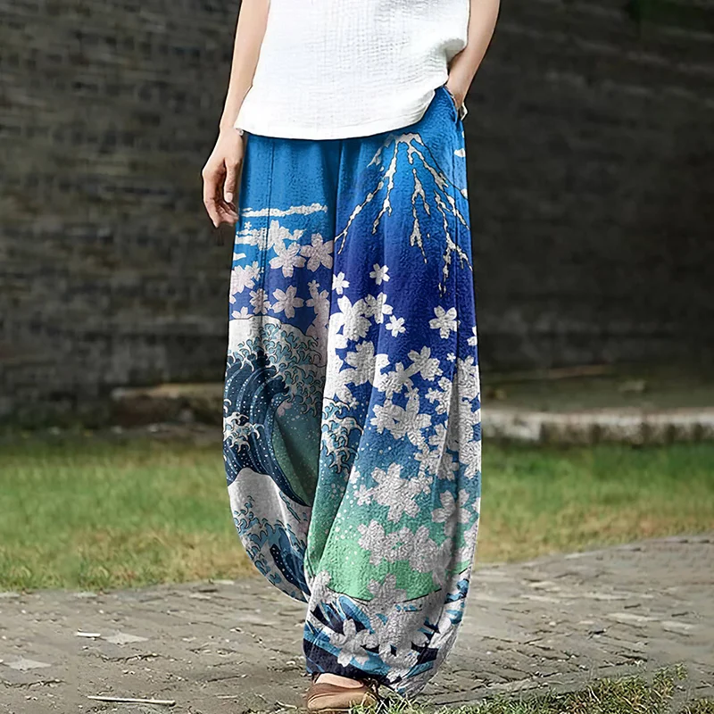 Women's Japanese Art Giant Wave Of Cherry Blossoms At Mt. Fuji Pocket Loose Casual Pants