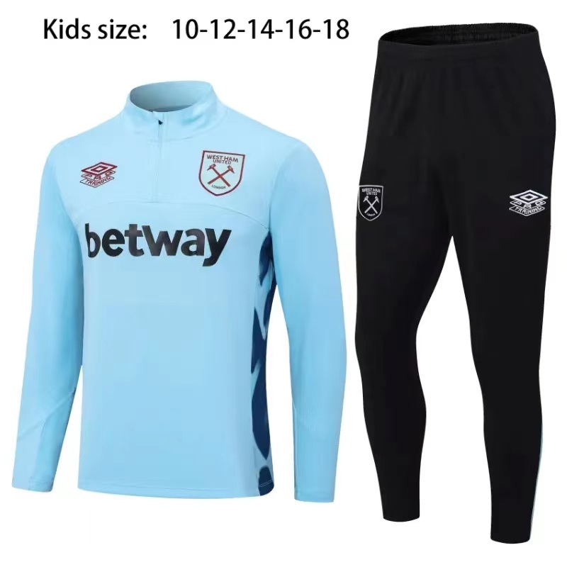 23-24 Kids West Ham United Half Zipper Long Sleeved Baby Kids Blue Training Suit