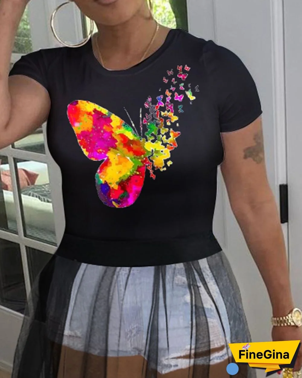 Cool Butterfly Print Mesh Top