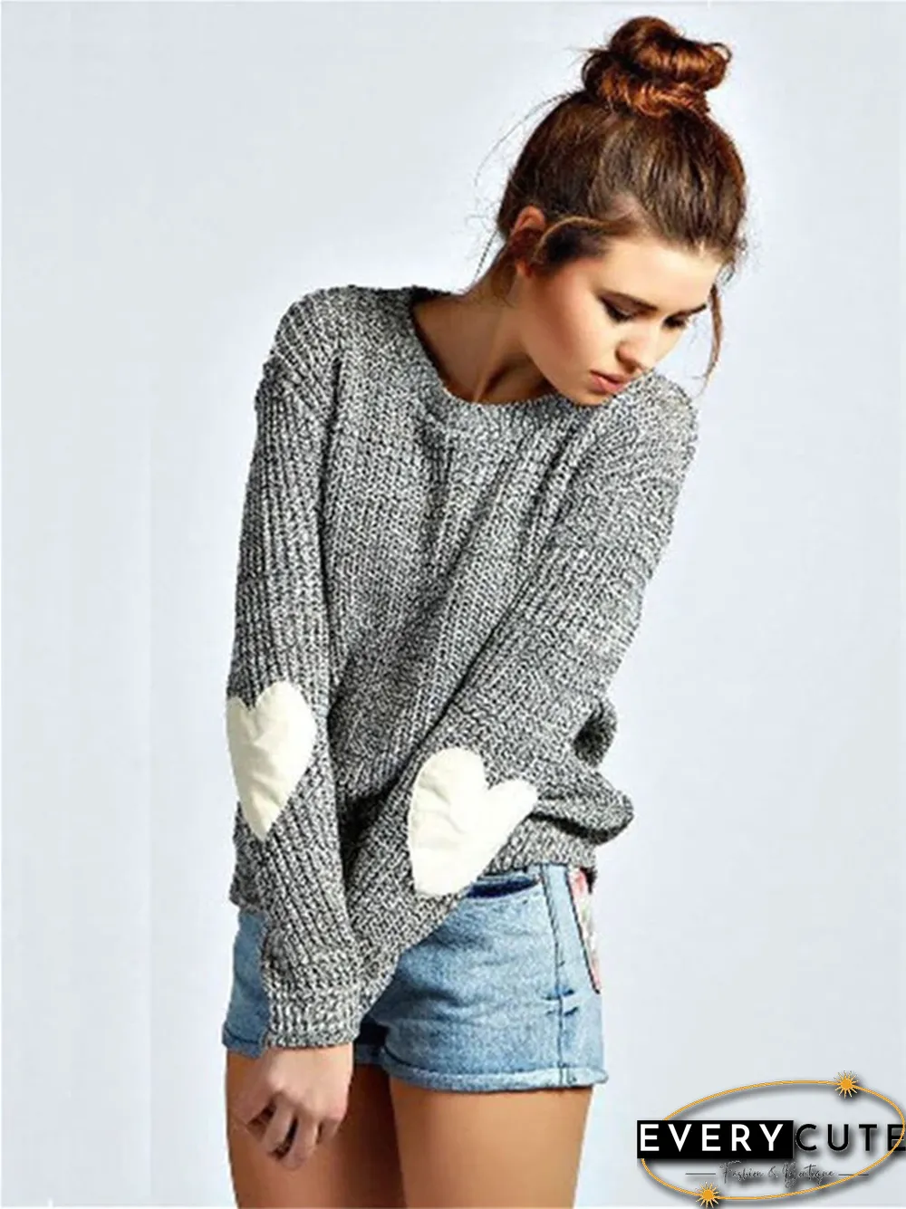 Solid Color Round Neck Pullover Sweater Love Elbow Women's Sweater Coat