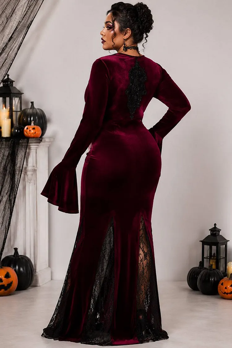 burgundy dress halloween costume Xpluswear Design Plus Size Witches Gothic V-Neck Trumpet Sleeve Velvet Lace Maxi Dress(Ships 24h) Burgundy-XL/14-16 Best Rice Dressing