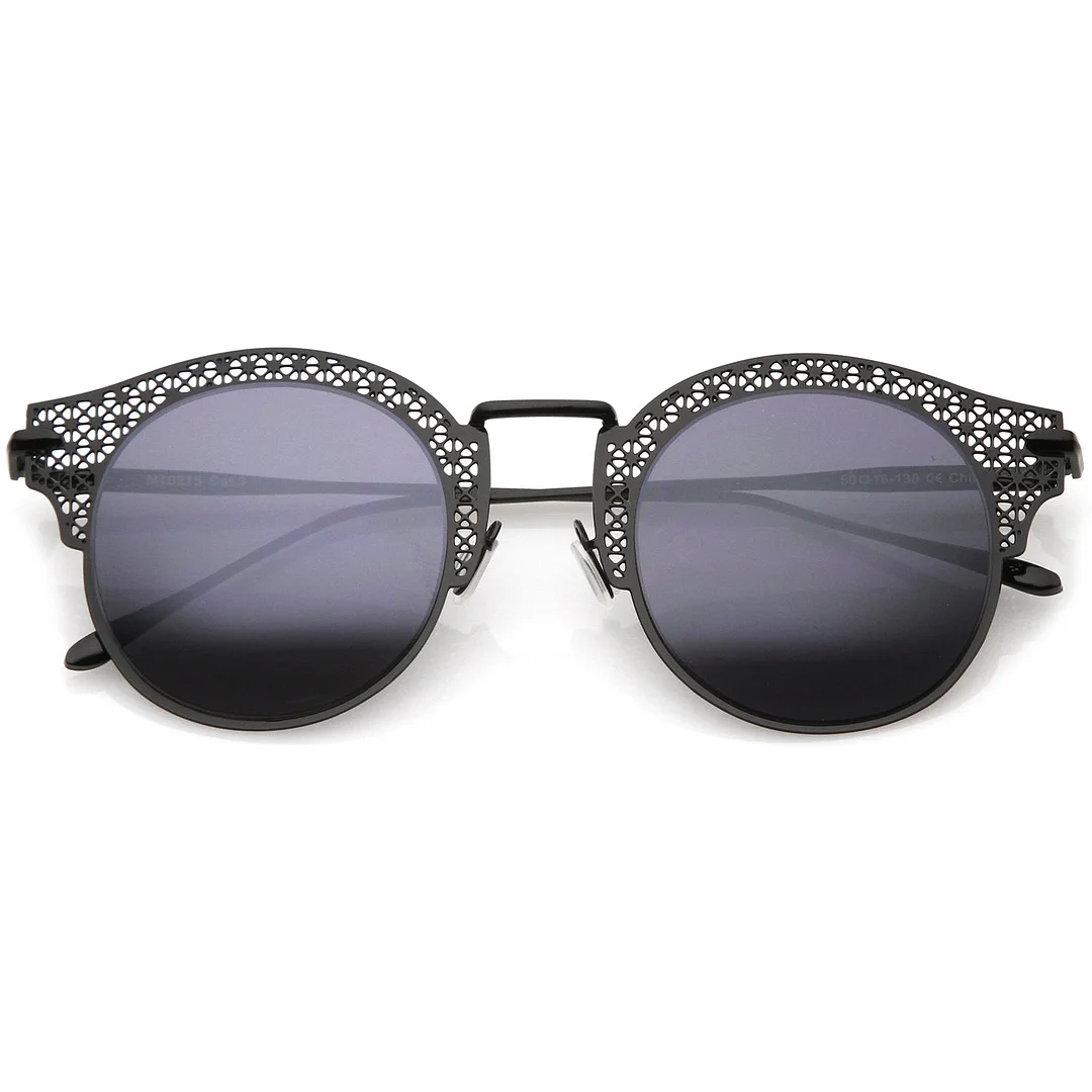 Women's Open Metal Cutout Slim Arm Round Flat Lens Half Frame glasses 50mm