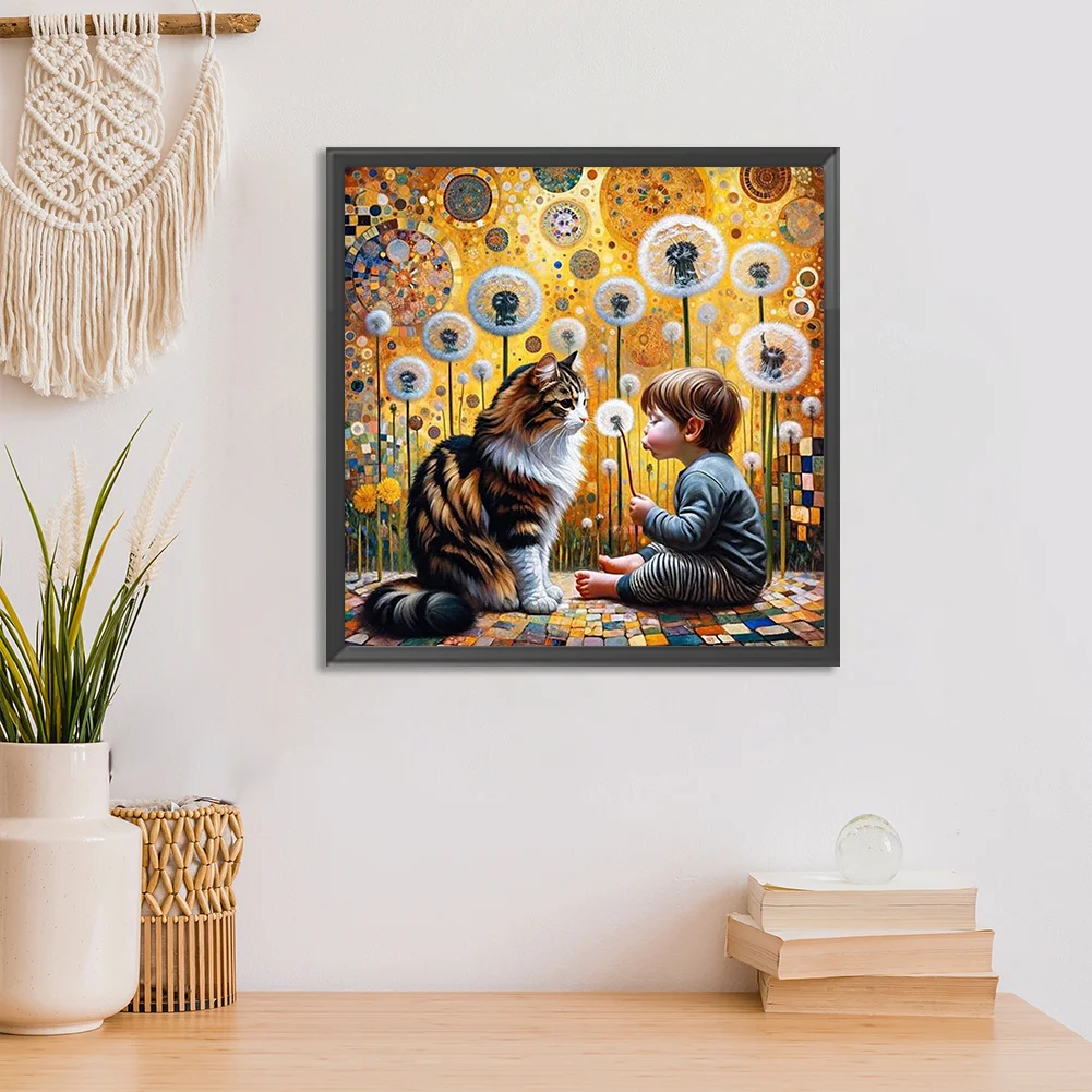 Full Round Diamond Painting 30*30cm - Cat, Dandelions And Children