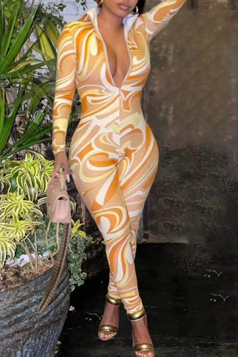 Sexy Print Split Joint Zipper Hooded Collar Regular Jumpsuits