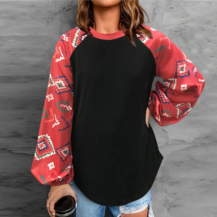 Women's Casual Top AZTEC Long Sleeve Crew Neck Loose Blouse Top