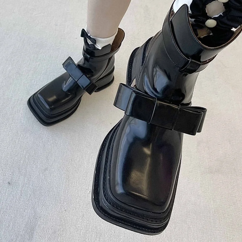 Vstacam 2022 New Bow Patent Leather Motorcycle Boots Women Chunky Heels Square Toe Ankle Boots Woman Punk Buckle Platform Shoes