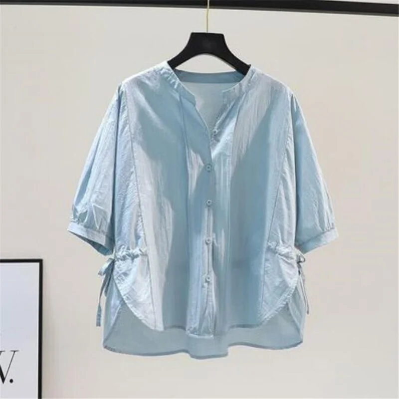 Thin Cotton Shirt Women's Bloouses Loose Summer Top Women Side Slit Shirt Lace Up Casual Blusas Button Half Sleeve Female Shirt