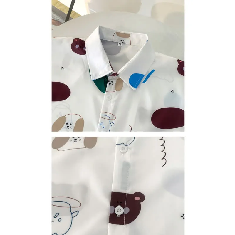 Cartoon Bear Print Lapel Casual T-Shirt
