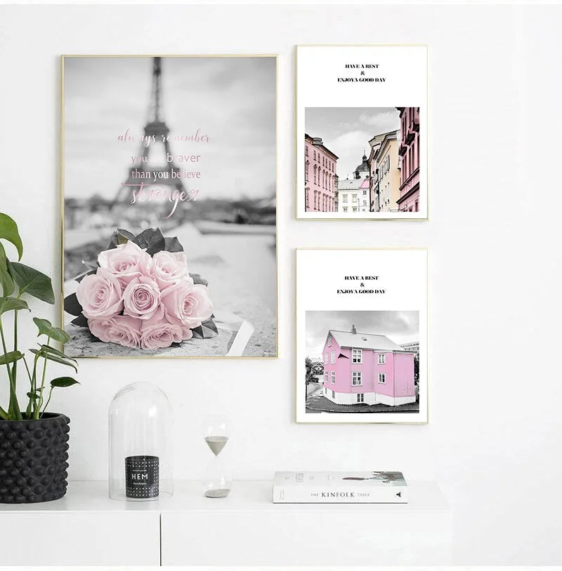 Eiffel Tower Girl Wall Art Canvas Fashion  Pink City Landscape Print Painting Nordic Decoration Picture Living Room Decor