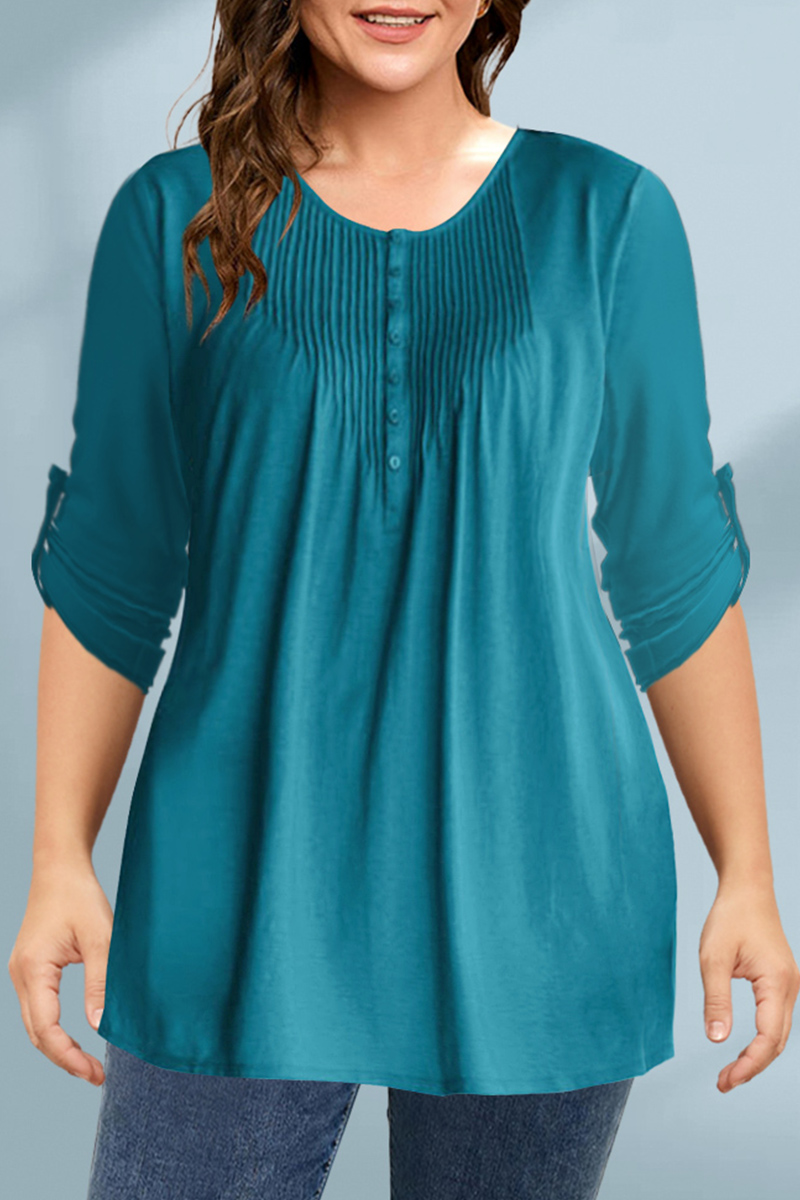Flycurvy Plus Size Casual Green Pleated Button Roll Tab Sleeve Blouse