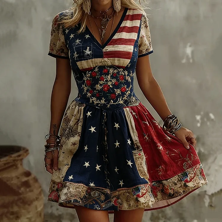 Women's Vintage Floral Flag Art Print Mini Dress