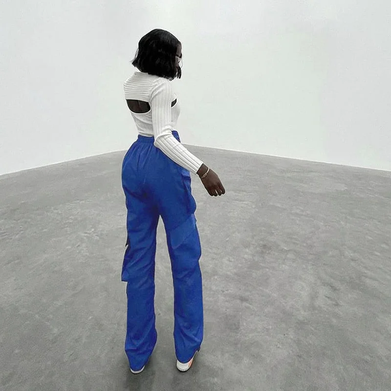 BIIKPIIK High Wasit Solid Pockets V Wasit Loose Cargo Pants Overalls Female Streetwear Lounge Straight Trousers Flat Woven Pant