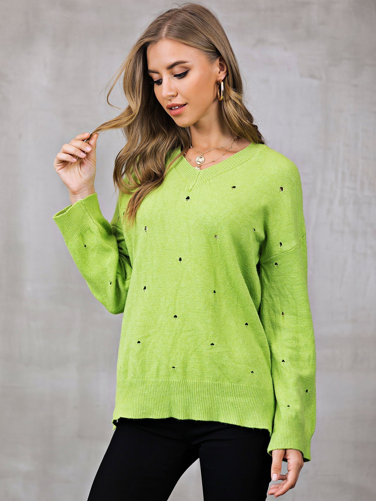 Eyelet Shift V Neck Casual Sweaters