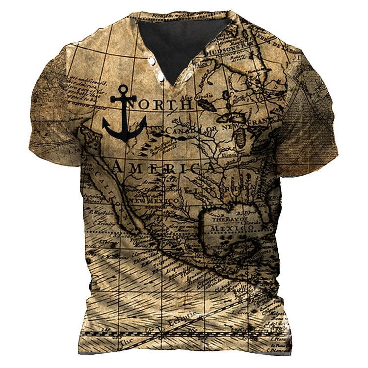 Men's Outdoor Retro World Nautical Map Tactical Henley T-Shirt