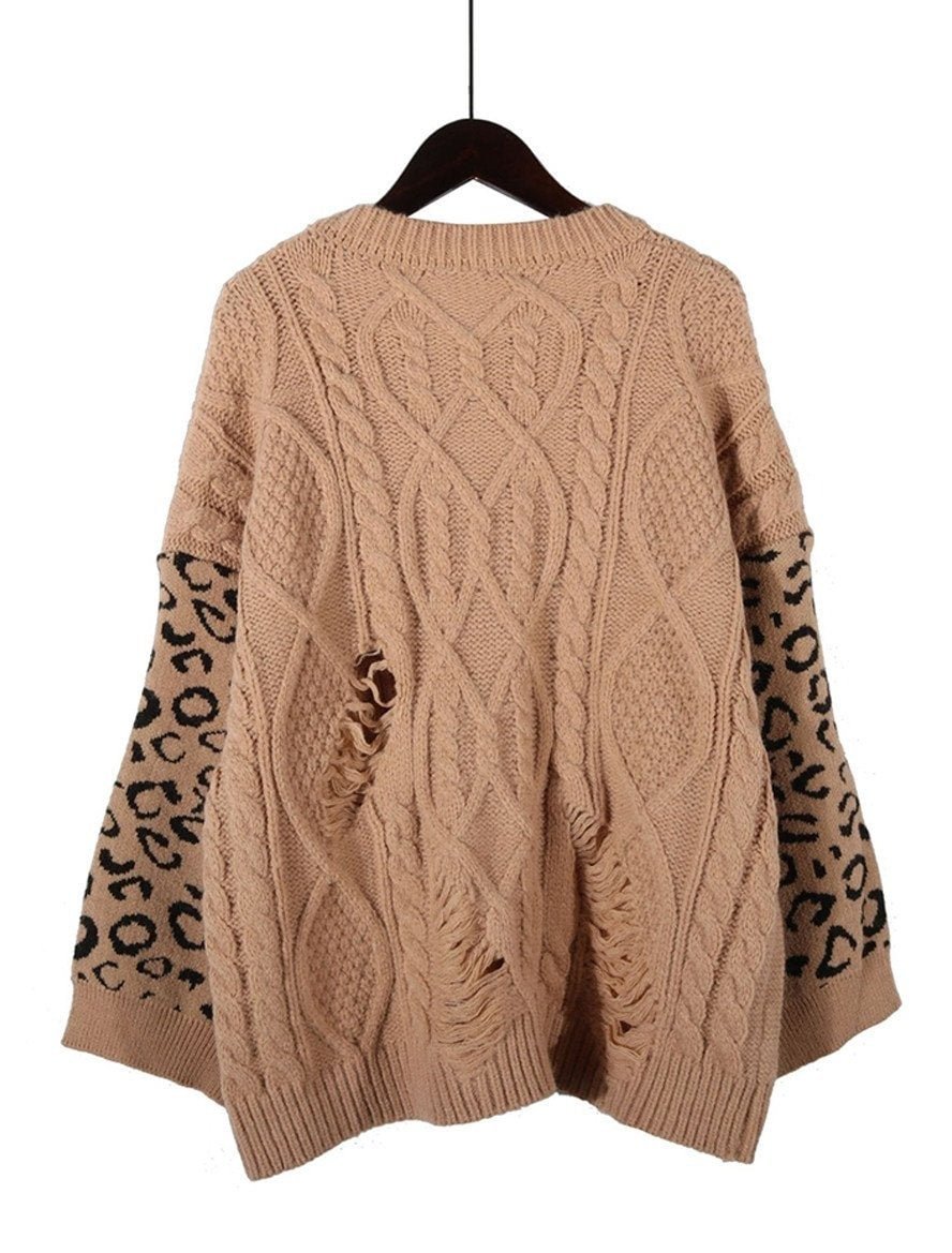 Fall/Winter Twist Leopard Stitching Long-sleeved Round Neck Pullover | EGEMISS