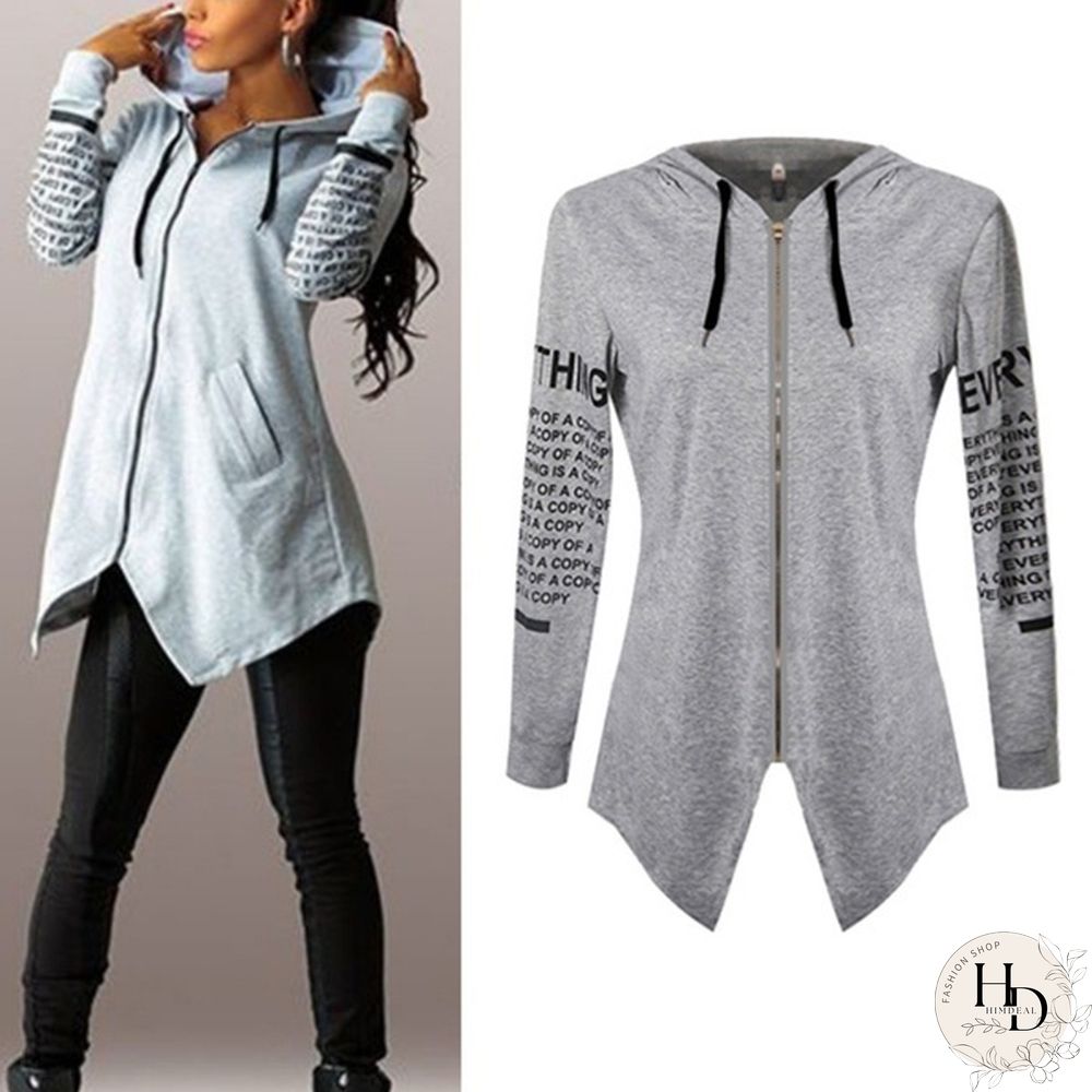 Women Fashion Letter Print Long Sleeve Hooded Coats Ladies V-neck Zipper Irregular Hem