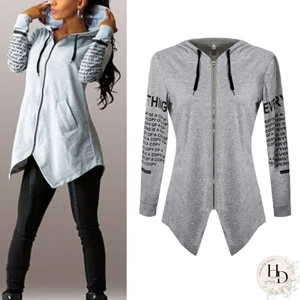 Women Fashion Letter Print Long Sleeve Hooded Coats Ladies V-neck Zipper Irregular Hem