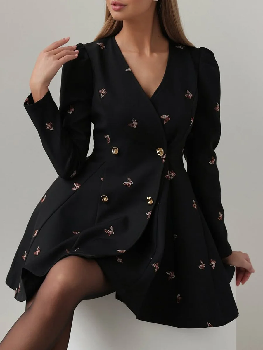 Athvotar Athvotar Fashion Ballet Elements Design Floral Thorn Dress Dress Women's High-End Butterfly Embroidery V-Neck Long Sleeve