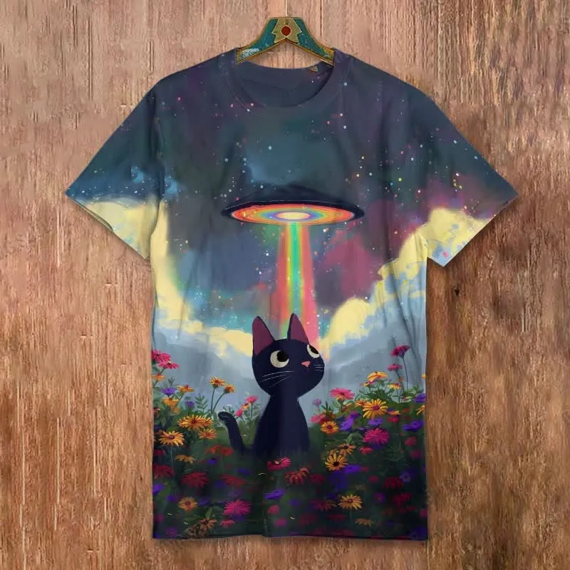Sunflower Cat & Mysterious Spaceship Art Print Short-sleeved Men's Casual T-shirt