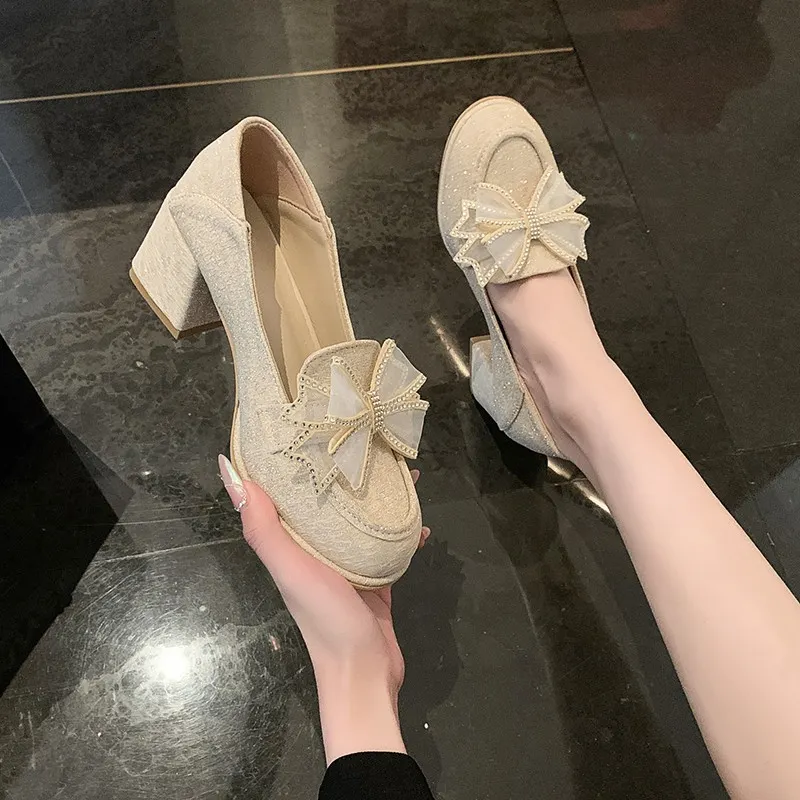 Churchf Mary Jane Small Leather Shoes Women's 2025 New Spring Loafers Bow Fashion Women's Medium Heel Heel