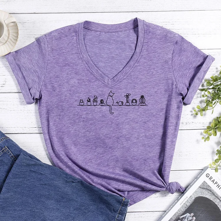 Cats and Plants V-neck T Shirt-Annaletters