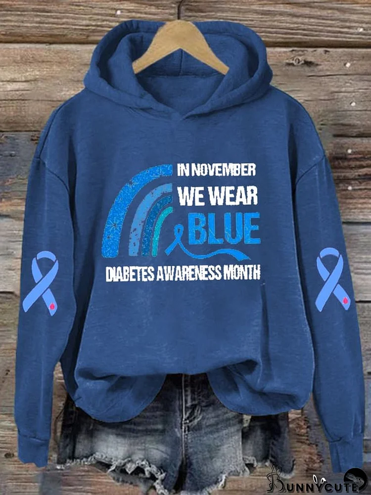 Women's In November We Wear Blue Diabetes Awareness Print Hoodie Long Sleeve Sweatshirt