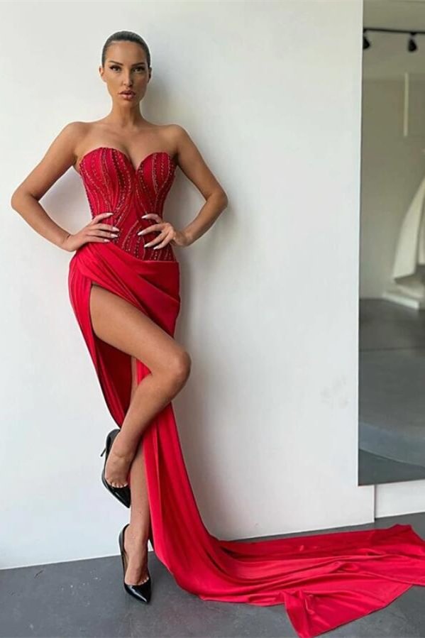 Miabel Sweetheart Red Sleeveless Mermaid Beadings Prom Dress With Split