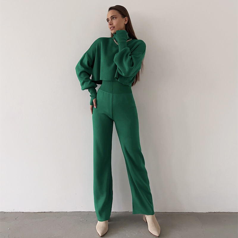 Ootddress Turtleneck Two Piece Outfits For Women Lantern Sleeve Cropped Top And Straight Leg Pants Sets Tracksuit Casual Outfits