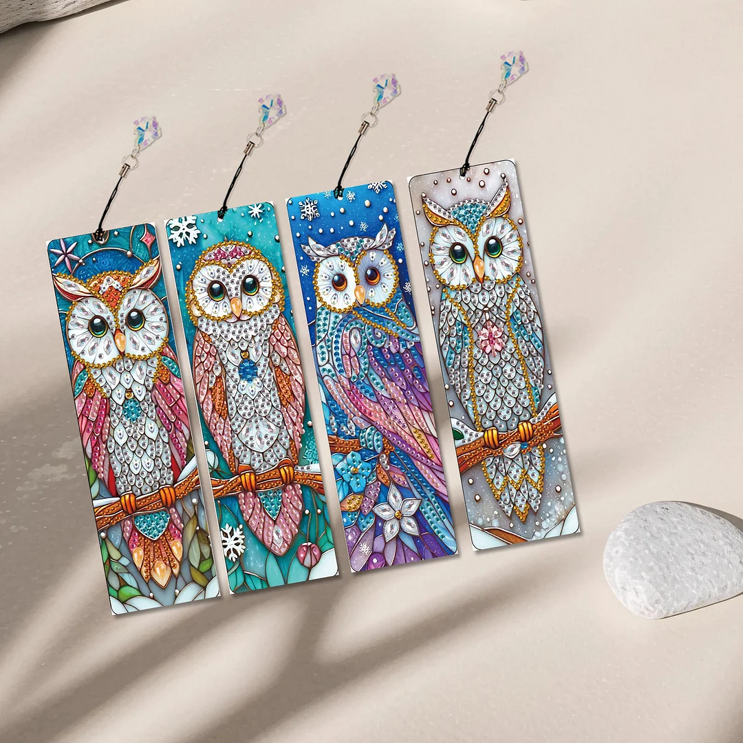 4Pcs Owl DIY Diamond Bookmark Art Projects Irregular Shaped Diamonds Diamond Painting Art Bookmarks with Crystal Pendants for DIY Making Beginners Adult Art Craft Supplies