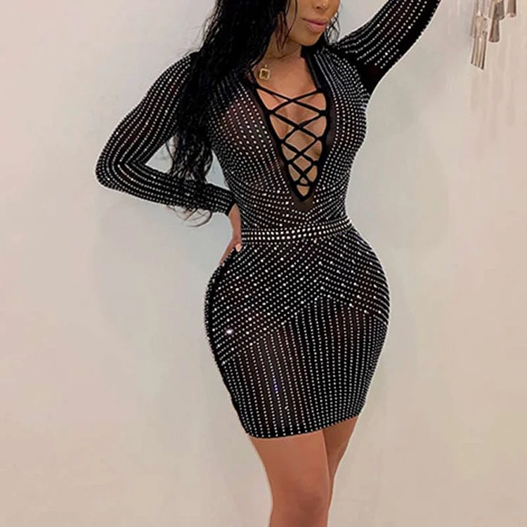 Solid Rhinestone Long Sleeve Lace Up Bodycon Dress - IRBOOM Fashion Clothing
