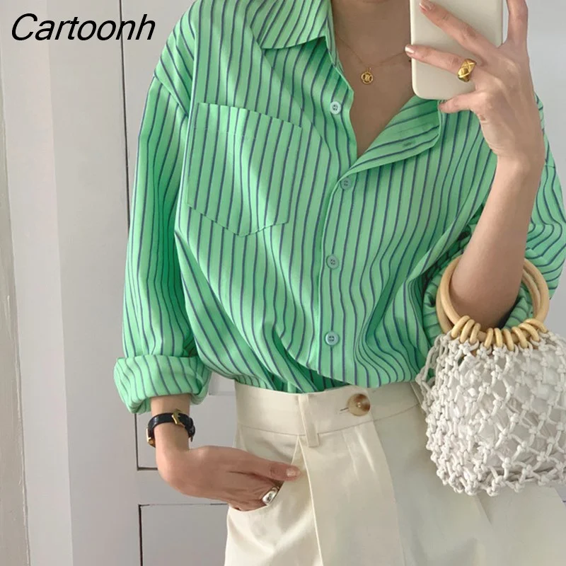 Cartoonh Casual Loose Turn-down Collar Female Striped Blouses Long Sleeve Single-breasted Pocket Women Shirts Tops Spring Autumn